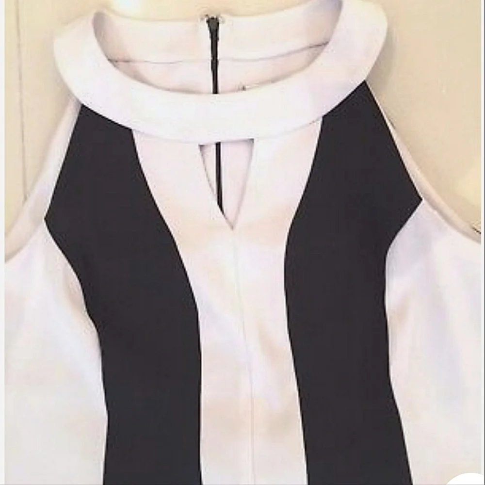 Signature By Sangria SZ 4P Black & White Sleeveless Keyhole Colorbock Mini Dress - Picture 2 of 13